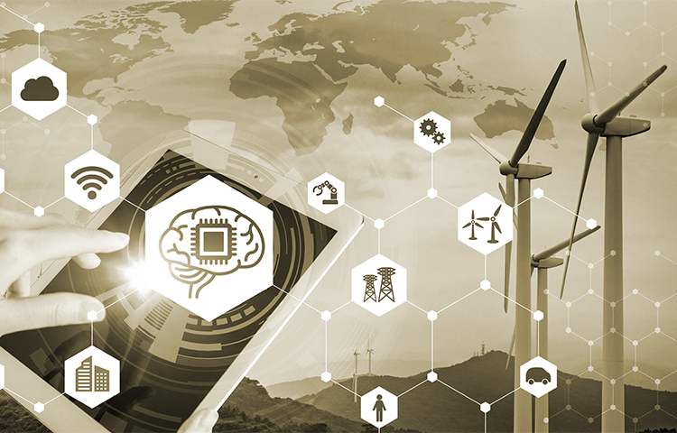 A graphic showing a phone and windmills