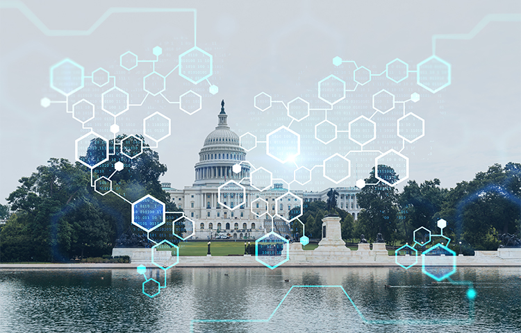 A picture of the US Capital in DC with hexagons of computer code floating in front of it