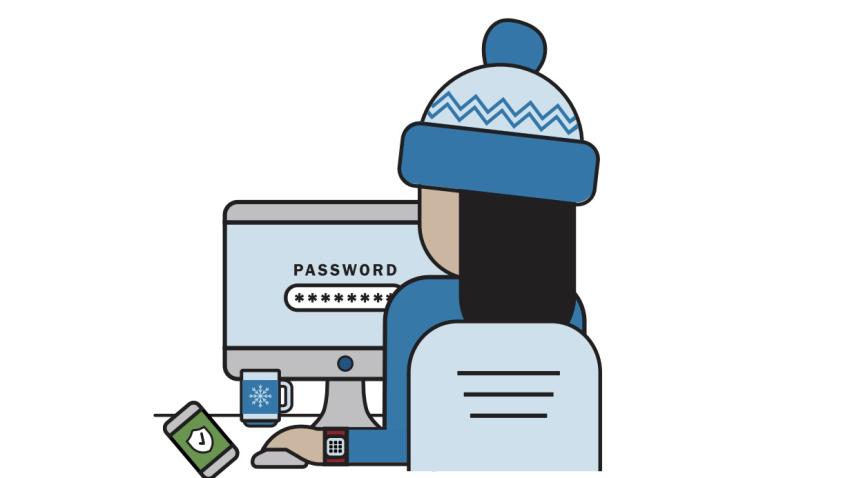 Graphic: Person in blue hat at computer entering password