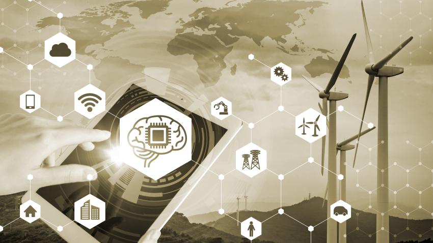 Graphic showing a smart phone, AI chip, and windmill turbines with a map in the background.
