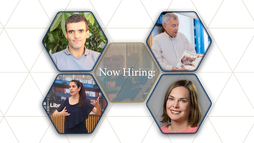 A graphic saying "Now Hiring" with a photo of several SCP faculty