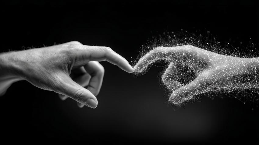 Two virtual hands reach out and touch