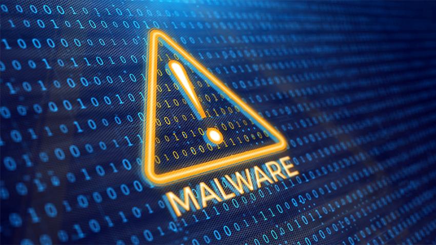 A blue screen with a yellow triangle and MALWARE written below it. In the center of the triabgle is an !