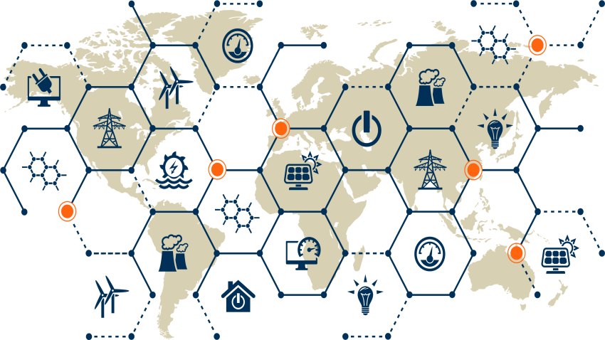 A network of connected power grids that forms hexagons over a map
