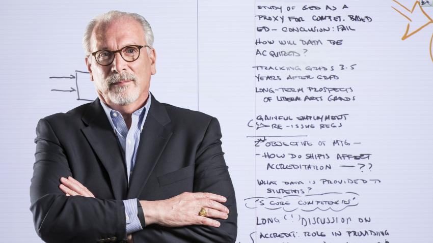 A man with his arms crossed standing in front of a whiteboard