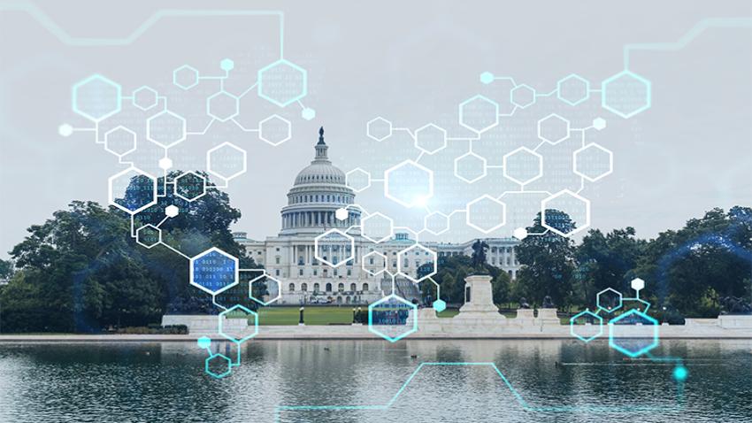 A photo of the US Capitol building with hexagons full of code running across it