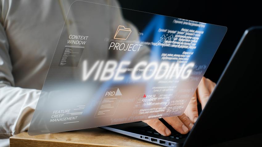 A man typing on a computer with a virtual screen hovering over his hands. The screen says "Vibe Coding"