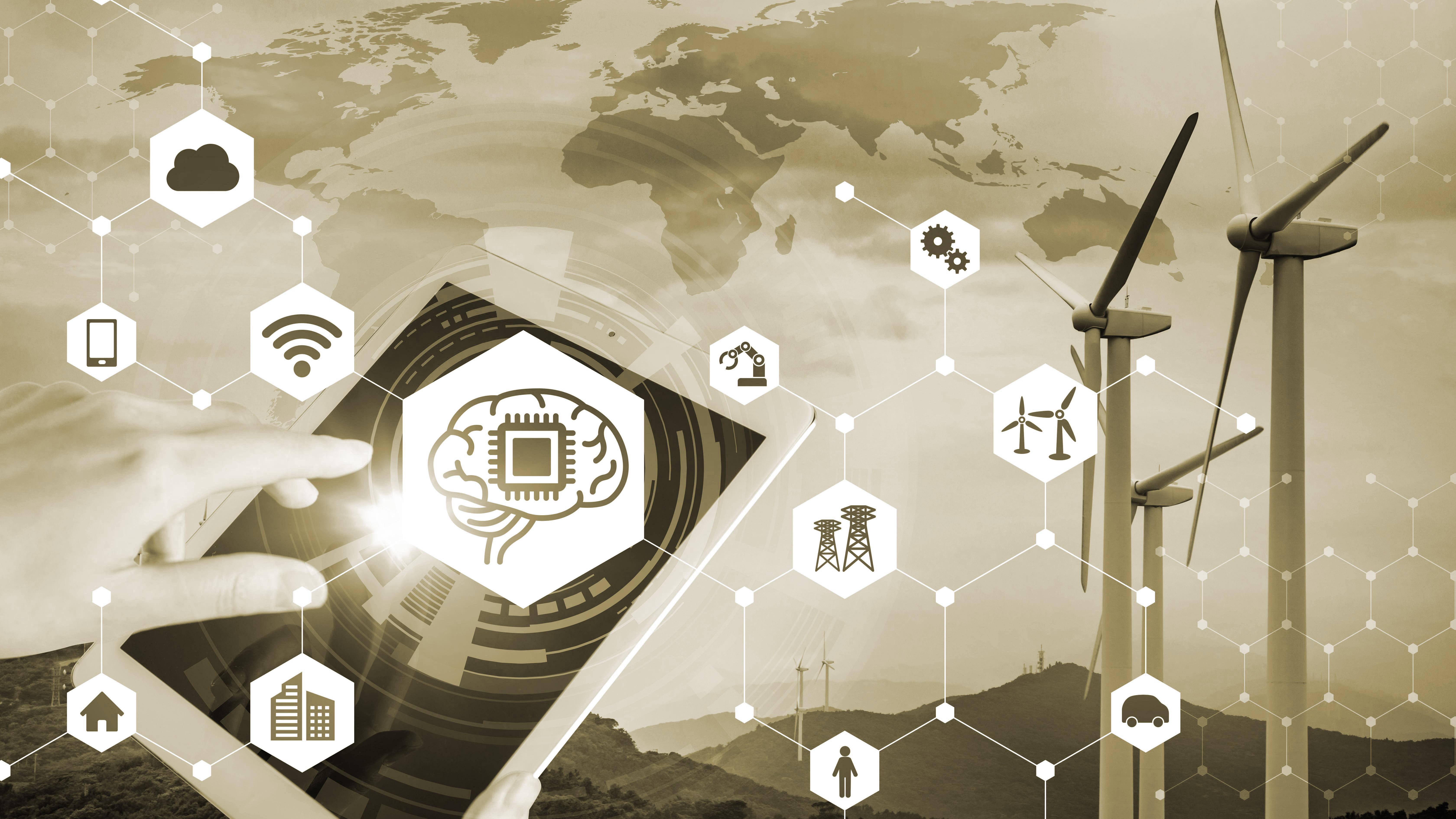 Graphic showing a smart phone, AI chip, and windmill turbines with a map in the background.