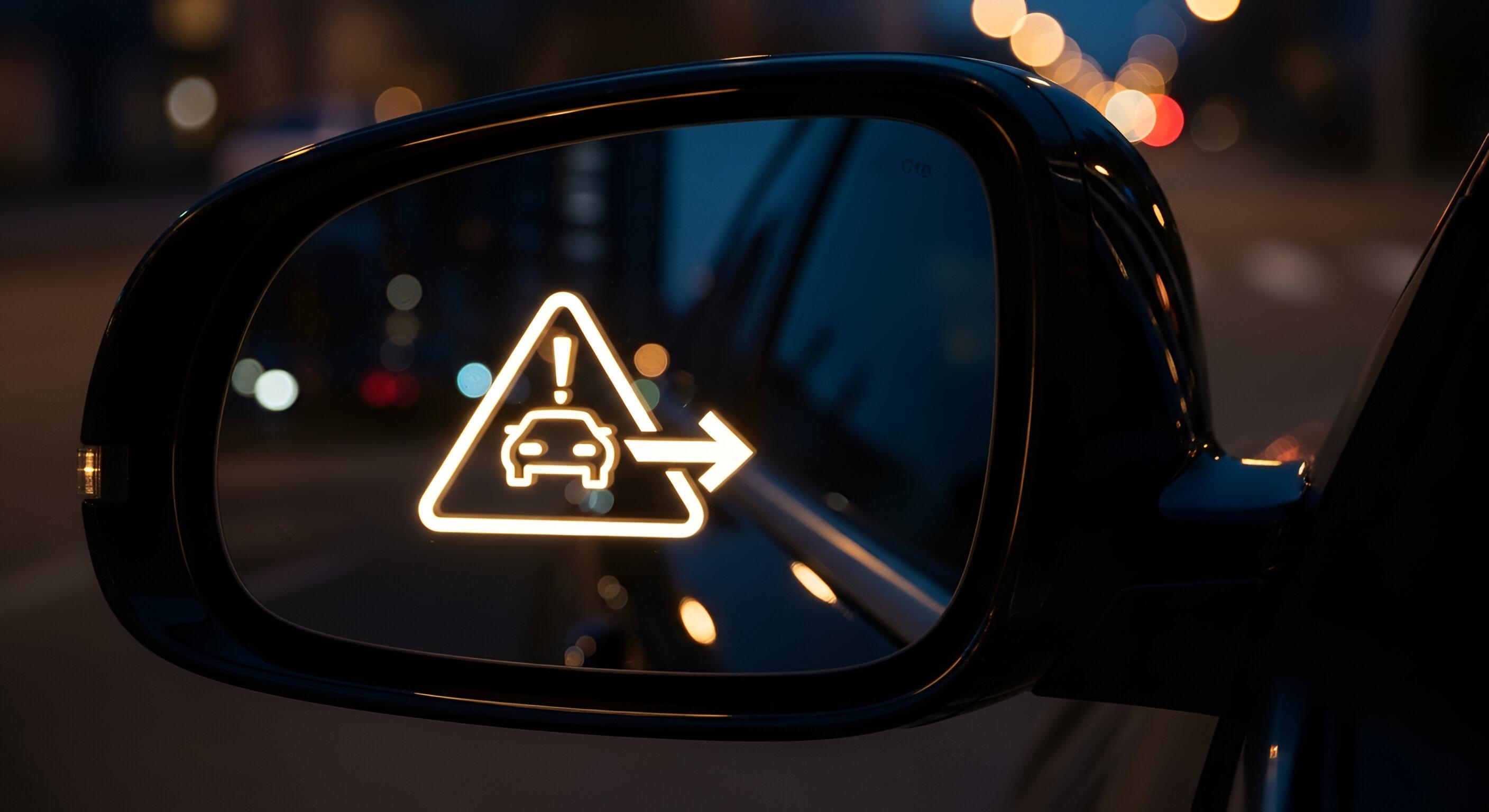 An image of a car's side mirror with an alert in the middle of the mirror. 