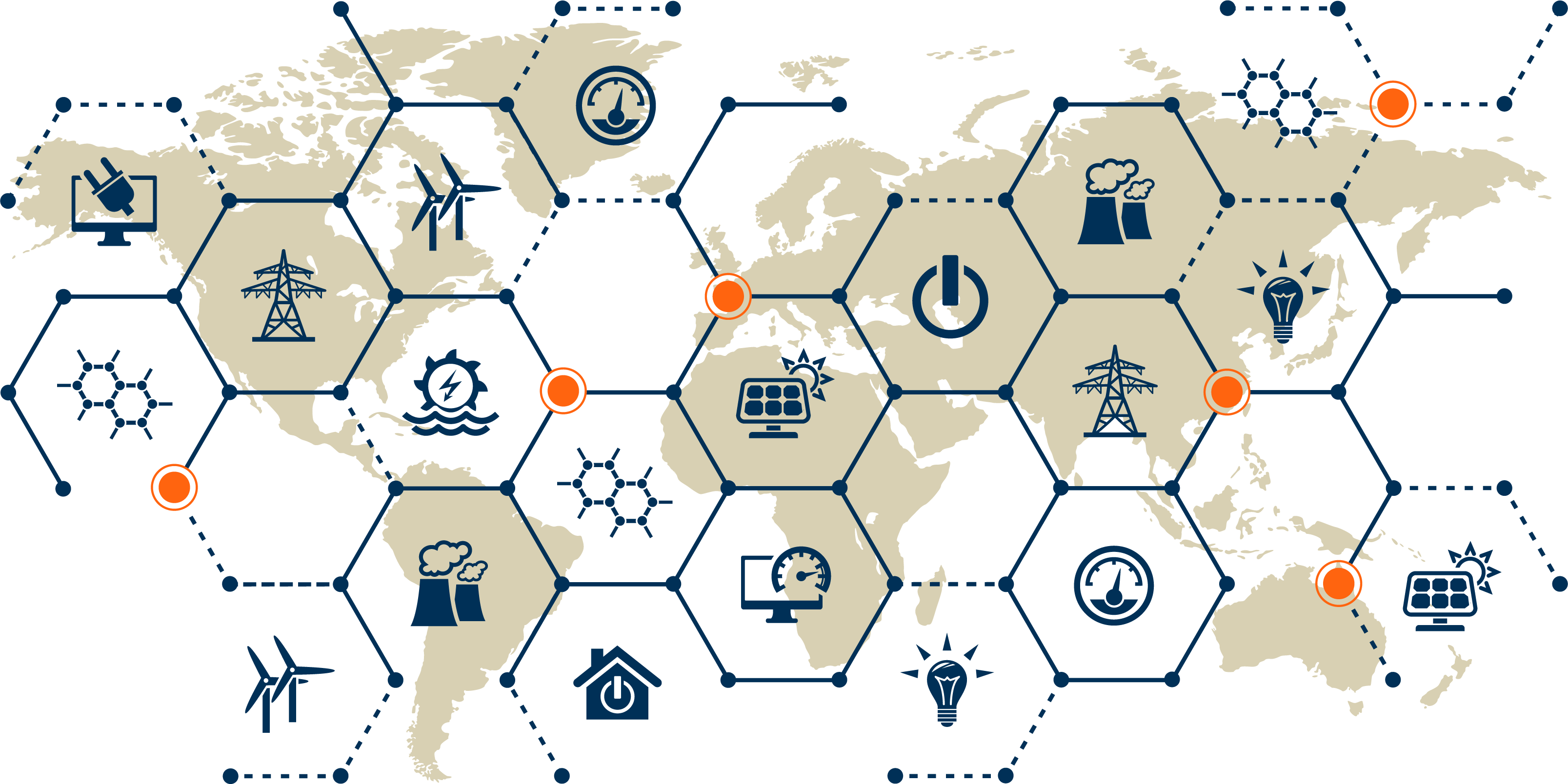 A network of connected power grids that forms hexagons over a map